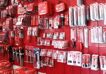 Milwaukee tool displayed behind the counter at Weinsteins PLumbing Supply in Kennett Square PA