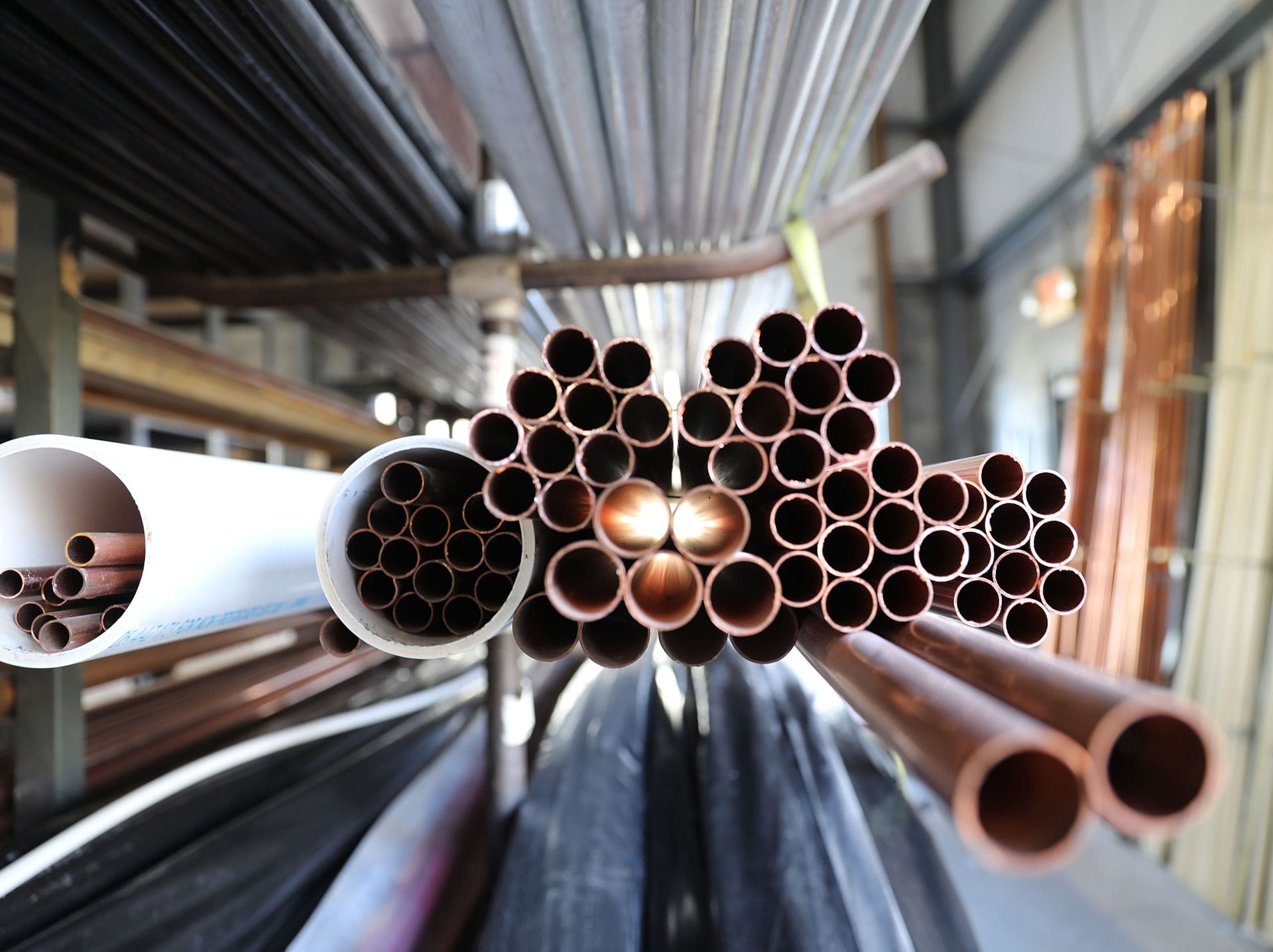 Copper pipes in the warehouse at Weinstein Plumbing Supply Kennett Square PA