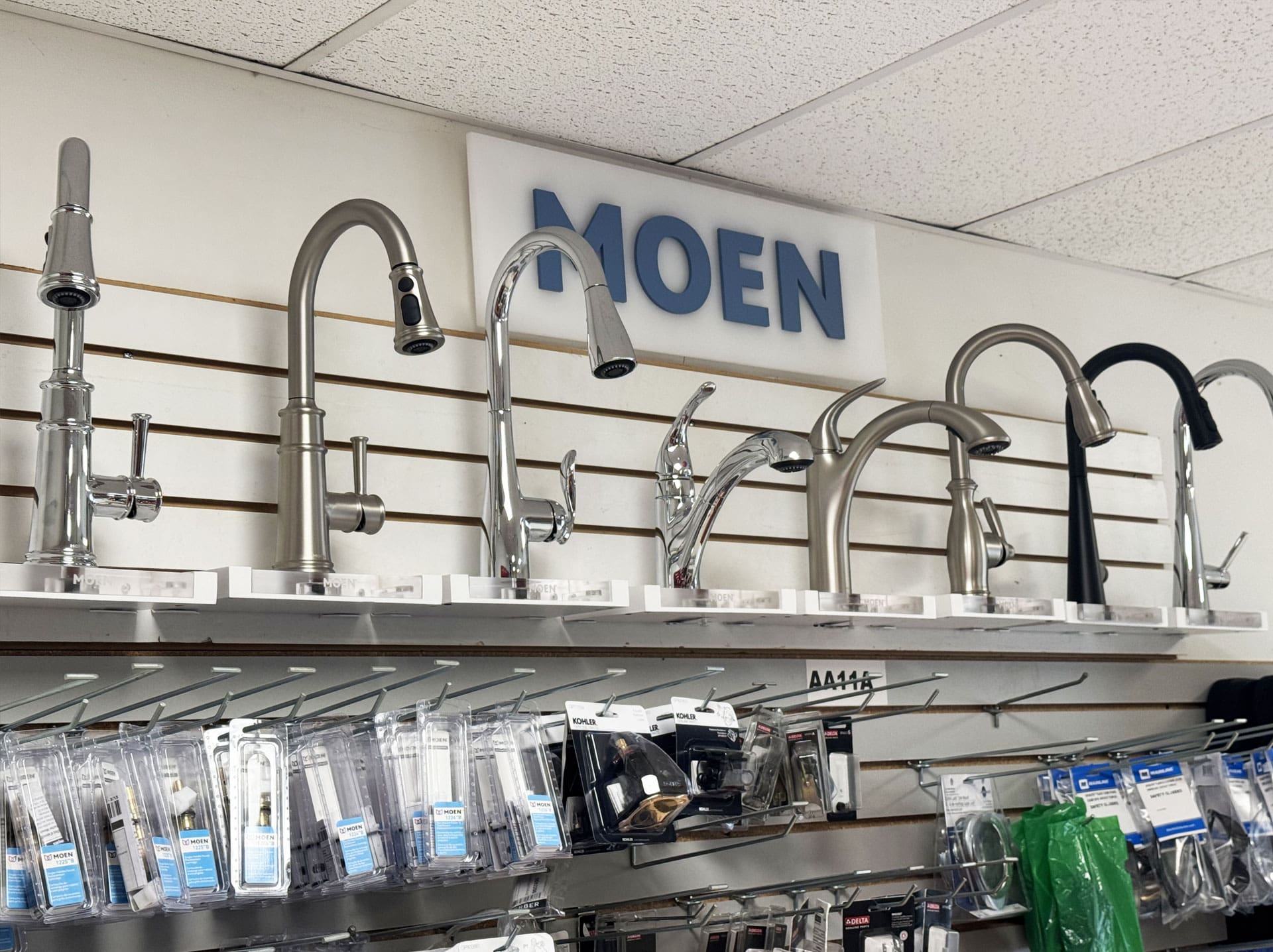 Kitchen faucets on display at Weinstein Plumbing Supply Kennett Square