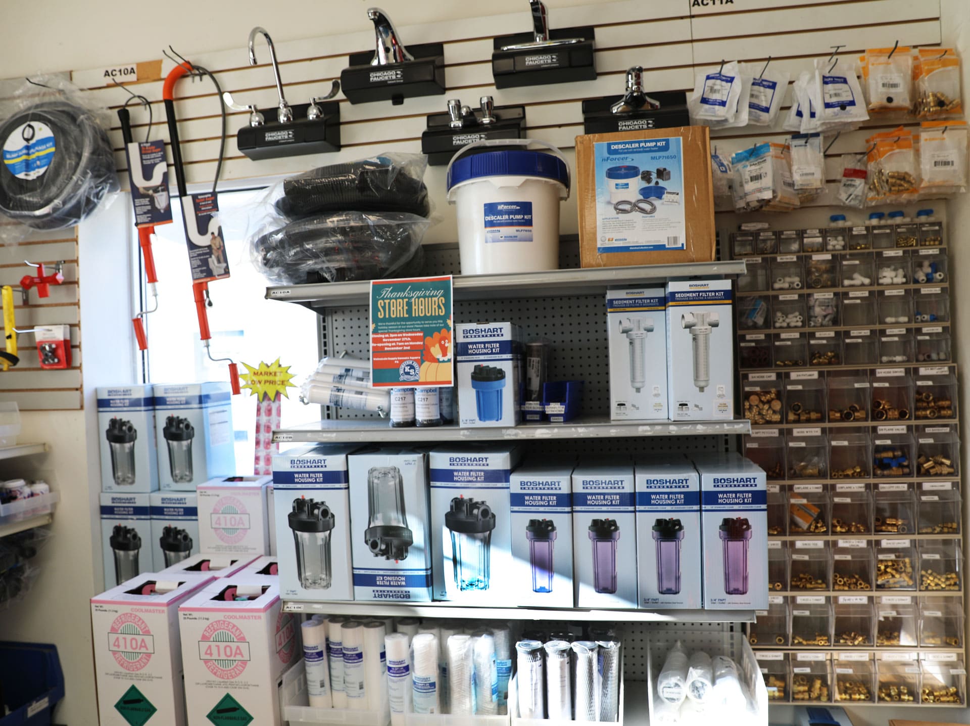 PLumbing fittings, faucets, water filter housings and supplies on display at Weinsteins Olumbing Supply in Kennett Square PA