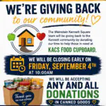 We are doing a canned food drive and then donating our time 9/4 Closing early at 10:00am to go as a team and donate our time Collecting can goods up until that day
