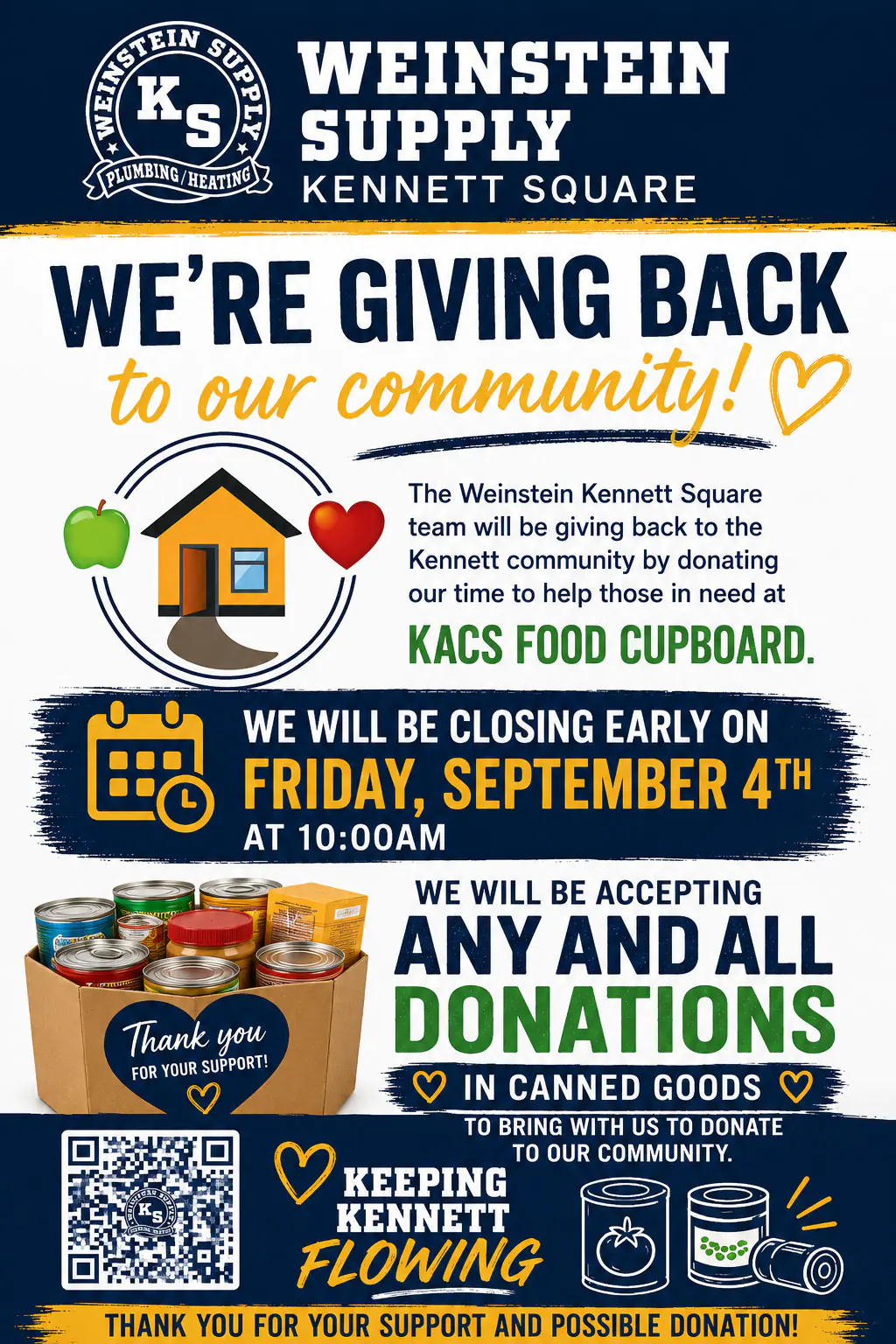 We are doing a canned food drive and then donating our time 9/4 Closing early at 10:00am to go as a team and donate our time Collecting can goods up until that day