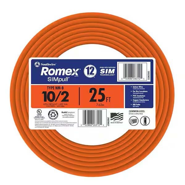 CITY ELECTRIC 10/2 25FT WIRE ROMEX NM-B-10/2-CU-1000